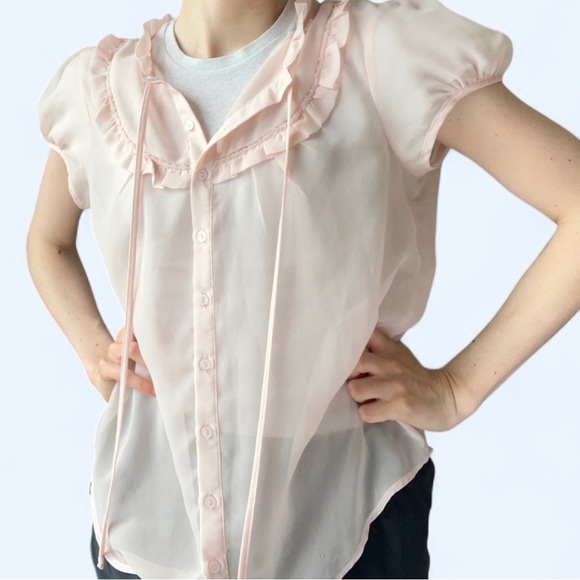 Y2K Forever 21 Womens Pink Ruffle Sheer Puff Sleeve Coquette Babydoll Large - Picture 7 of 7